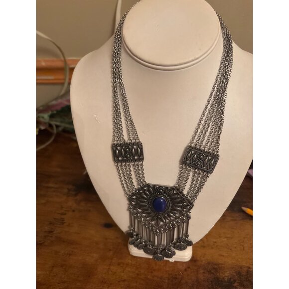 Boho Gypsy Coin Bib Necklace Bold Silver Statement With Blue Stone - Picture 7 of 16